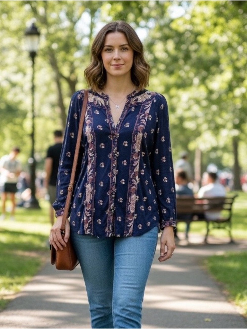 Lucky Brand Women's Boho Floral Print Viscose Collarless Button Up Top Size M